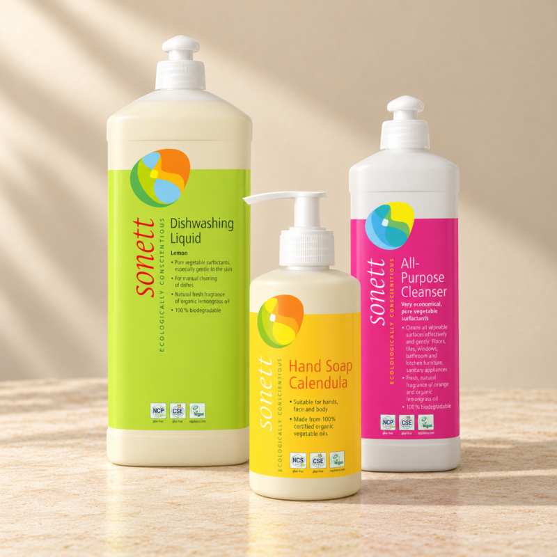 Sonett Home Essentials Set with Dishwashing Liquid 1 L, All-Purpose Cleaner 500 ml and Calendula Hand Soap 300 ml.